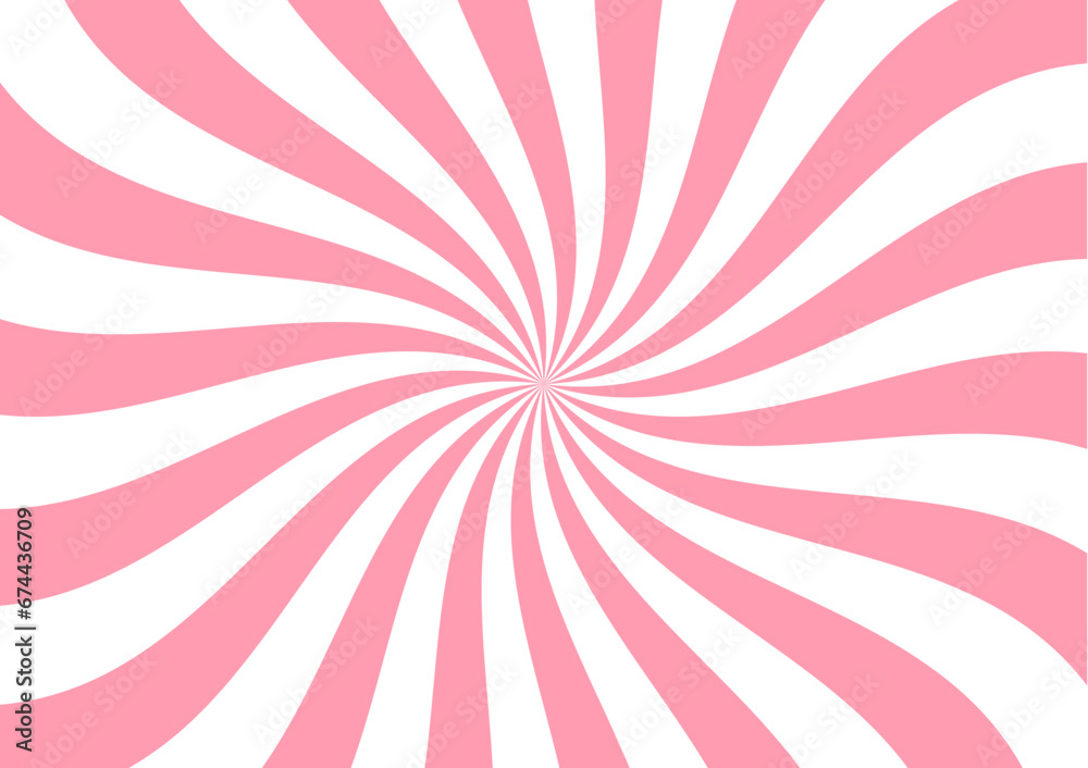 Fototapeta premium Strawberry milk twist, ice cream swirl pattern, candy background. Vector spiral pattern of pink and white colors swirl. Abstract vortex of sweet lollipop or fruit yogurt with radial wavy stripes