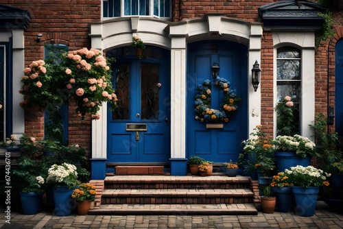 A Huge brick house's blue front entrance and potted flowers