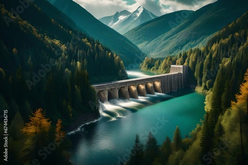 A Hydroelectric dam on a river, a dense forest, and stunning mountains