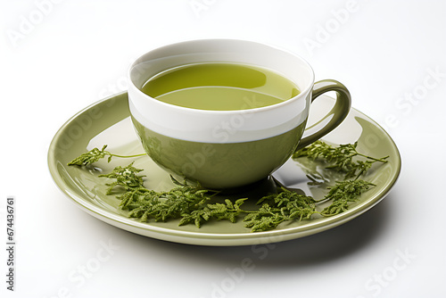 Green tea in a cup on white background