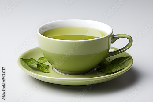 Green tea in beautiful cup on white background