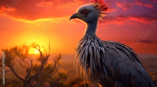 A Secretary Bird silhouetted against the vibrant colors of a sunrise, creating a breathtaking image in 4K full ultra HD resolution.