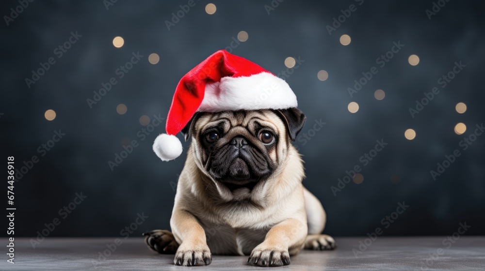 cute dog wearing a Christmas cap against a minimal background, promotional background