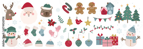 Merry christmas and happy new year concept background vector. Collection drawing of cute animal with reindeer, santa, snowman, christmas bauble. Design suitable for banner, invitation, decoration.