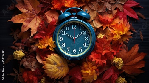 portrait of a clock with autumn leaves decor on surface