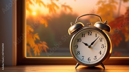 portrait of an alarm clock resting on a windowsill, daylight saving time, ambiance of autumn