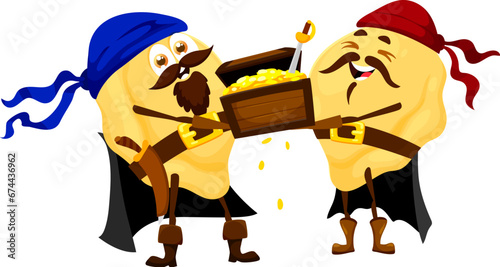 Cartoon italian pasta pirate or corsair sailors characters with treasure chest, funny vector personages of traditional macaroni food. Orecchiette pasta pirates with swords and wood box full of gold