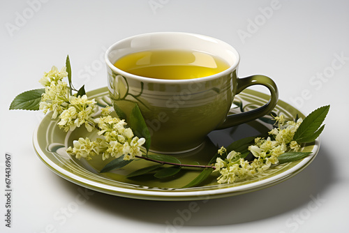 cup of herbal tea with linden flowers isolated on white background