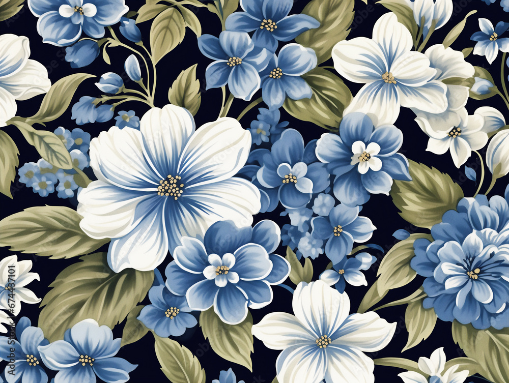 Classic blue and white floral background. Wallpaper with a calm feel with an antique texture. Generative AI