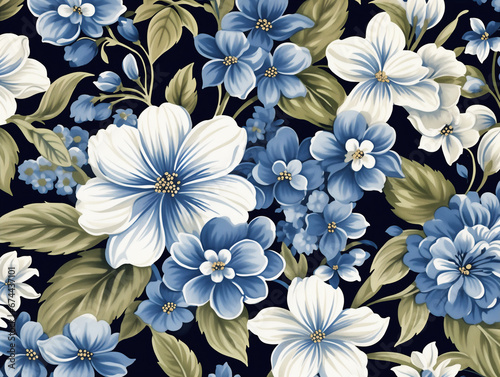 Classic blue and white floral background. Wallpaper with a calm feel with an antique texture. Generative AI
