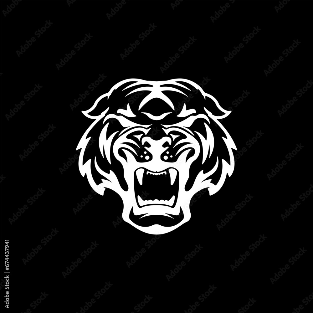 Monochrome angry tiger icon isolated on white background.  Design element for logo, label, emblem, sign, brand mark. Vector illustration.