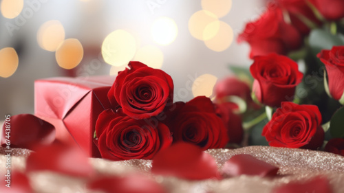 Beautiful red roses and gift box on the table, space for text. St. Valentine's day celebration