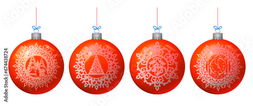 Realistic red Christmas balls highlighted on a white background. Vector image.