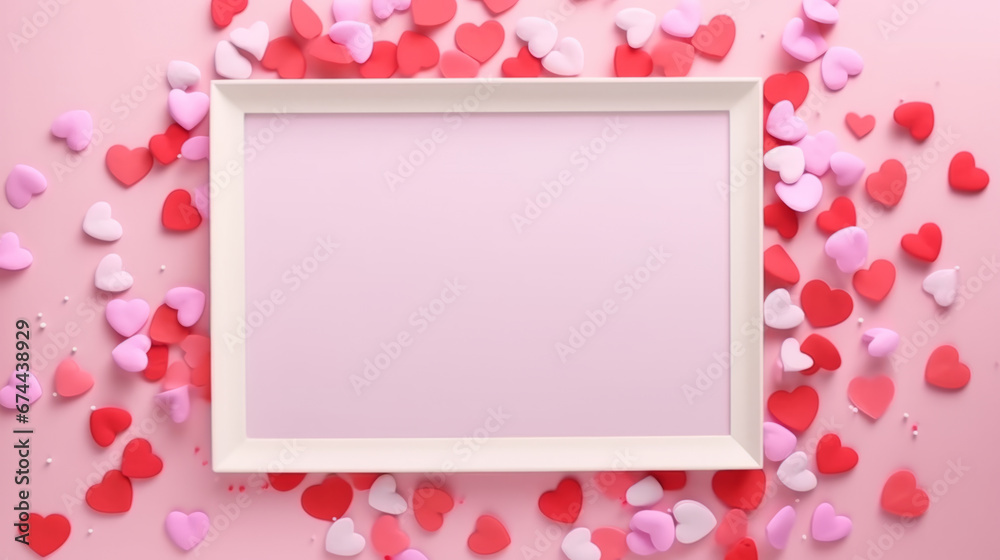 Valentine's Day composition. Photo frame and hearts on pastel pink background. Valentine's Day composition. Photo frame and hearts on pastel pink background.