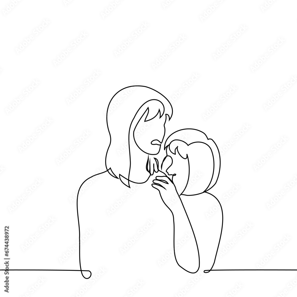 woman bites another on the shoulder, it hurts him - one line art vector. concept cute aggression, biting woman bites another on the shoulder, it hurts him - one line art vector. concept cute aggression, biting