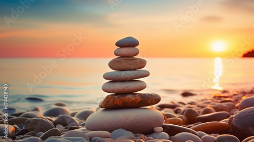 stack of zen stones on the beach, sunset and ocean in the background photo