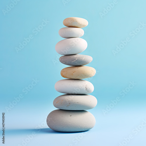 Balanced stack of white zen stones, blue background