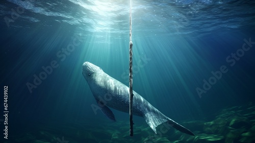 A solitary narwhal majestically swimming in the crystal-clear Arctic waters, its long spiraled tusk visible beneath the surface.