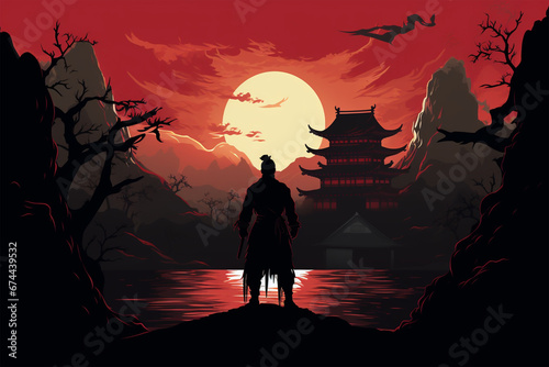 silhouette view of a ninja heading towards the castle