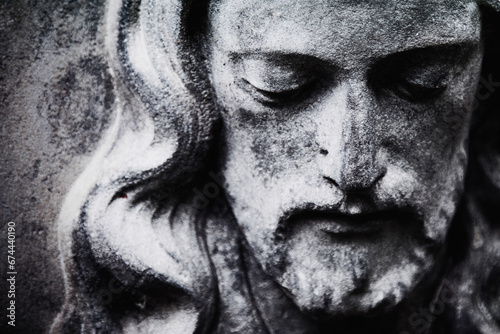 fragment of antique statue Jesus Christ as a symbol of love, faith and religion. Black and white image.