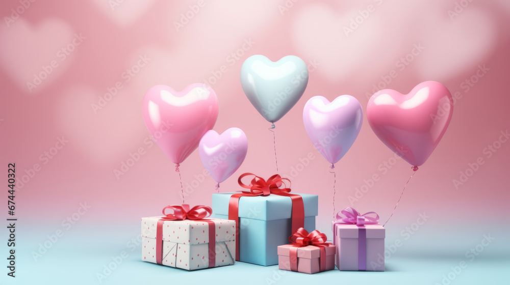 heart shaped helium balloons and gift boxes on pastel pink background
