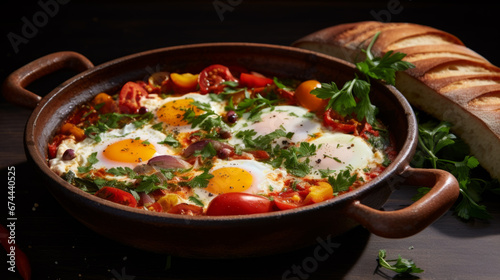 egg fried tomato shakshuk breakfast eggs vegetable meal food snack on the table