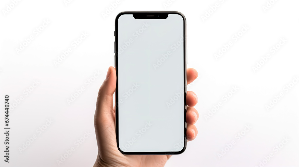 Hand holding smartphone with blank screen on a white background, close up. Hand holding smartphone with blank screen on a white background, close up.
