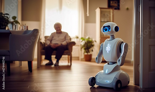 Smart robot helping elderly at home or in retirement home. Elderly Care Robot In the Intelligent Hospital, Concept, Artificial Intelligence, Consultancy Services and Health Care with Future Robots. photo