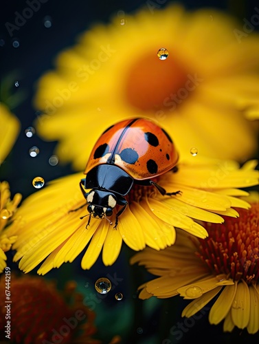 ladybug sitting on a yellow flower - closeup
