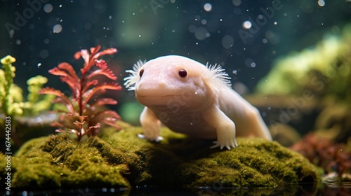 An 8K image of an Axolotl swimming gracefully through a pristine aquatic environment, its skin reflecting the light beautifully.