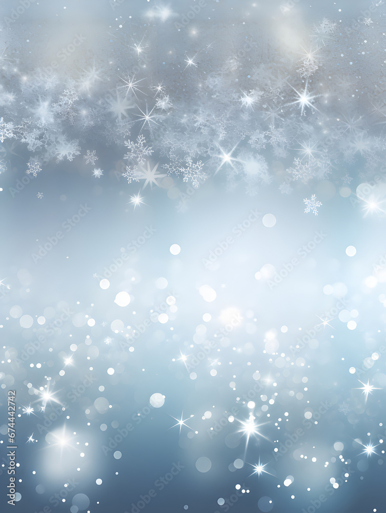 Soft silver snowy background with sparkling lights, conveying a peaceful and magical winter atmosphere.