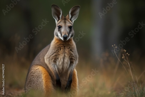 Wallaby wild animal at field. Tail explore copy grass under. Generate Ai photo