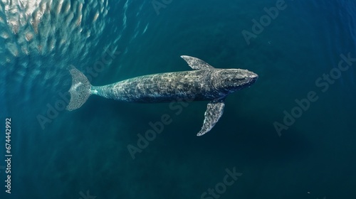 An aerial view of a narwhal pod from a drone, the gentle giants creating a mesmerizing pattern in the deep blue ocean below. © Habib