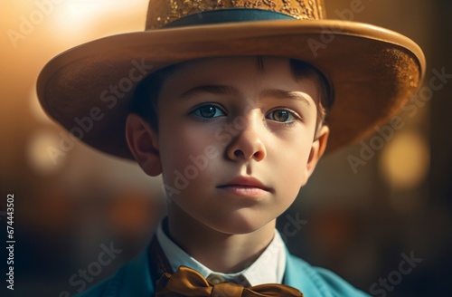 Western boy with hat portrait. Hard rodeo fashion design person. Generate Ai