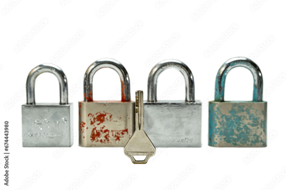 4 padlocks and 1 key isolated on a white background. 4 padlocks and 1 key isolated on a white background.