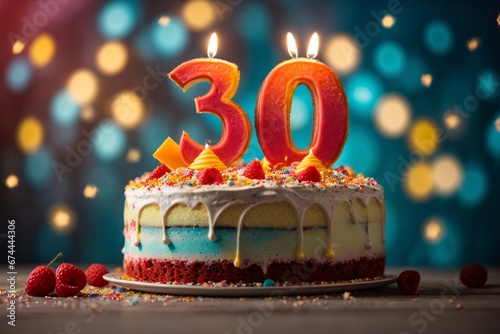 Sweet Birthday cake with number 30 on top on colorful bokeh background, 30th years old happy birthday Cake. Generative Ai. photo