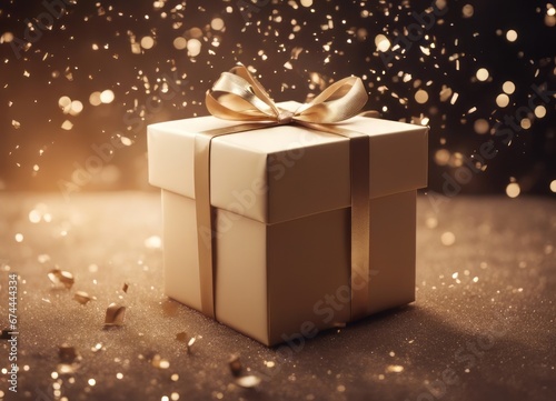 Gift box in beige color in zero gravity, with sparkls, magic. Christmas.Happy New Year 2024 © Лена Шевчук