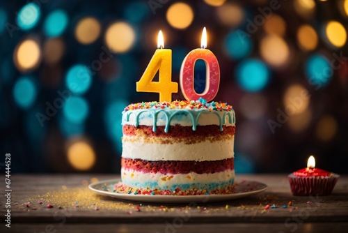 Sweet Birthday cake with number 40 on top on colorful bokeh background, 40th years old happy birthday Cake. Generative Ai.