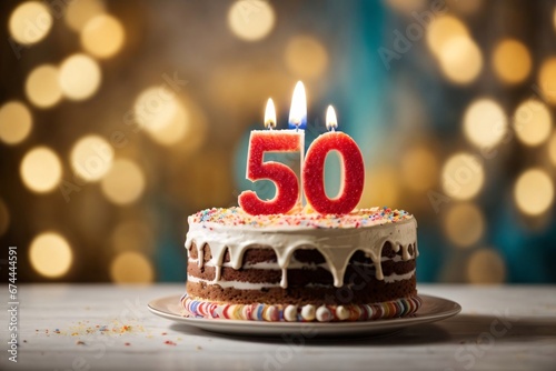 Sweet Birthday cake with number 50on top on colorful bokeh background, 50th years old happy birthday Cake. Generative Ai. photo