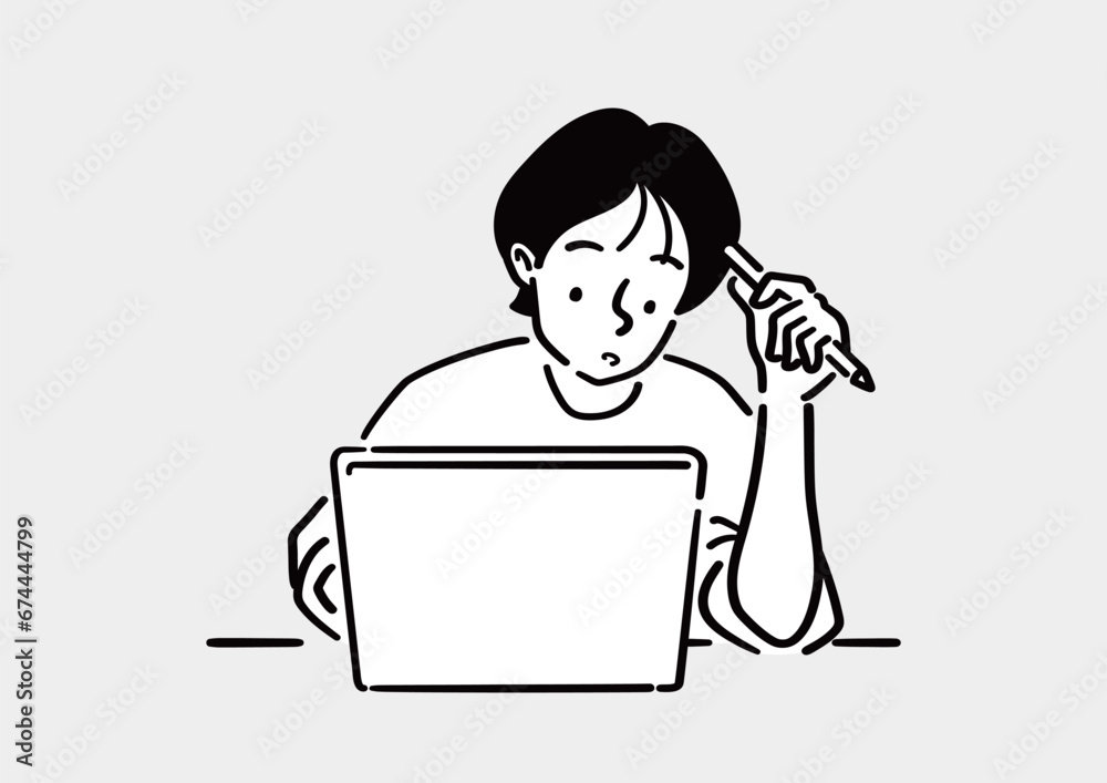 パソコンで作業をする人物のイラスト。仕事や勉強をする人。ノートパソコンの前で考えている人の挿絵。