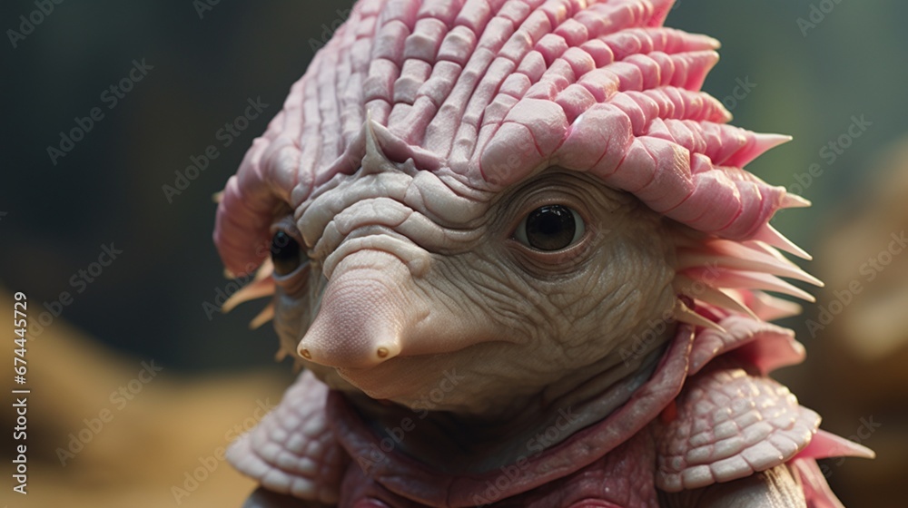 A close-up of a Pink Fairy Armadillo's face in full ultra HD 4K, highlighting its delicate features, including its snout and tiny eyes.
