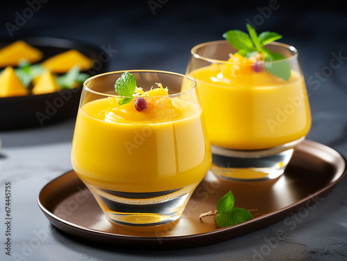 mango jelly decorated with mint leaves, on wooden table