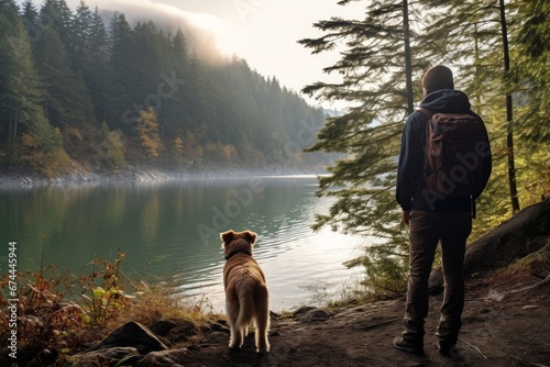 Photo from behind of a dog and its owner on a lakeside hike. Generative AI