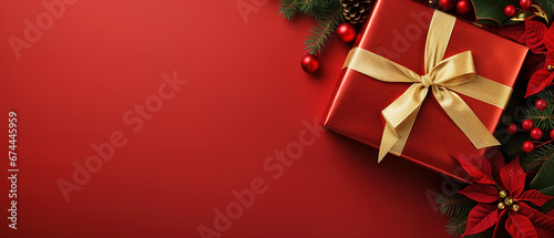 red christmas background with poinsettia with leaves, red berries, gift box wrapped red silk ribbon, gold tinsel, with empty copy Space © Uwe