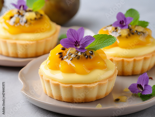 Baskets with passion fruit cream decorated with mint and flowers for gourmets.