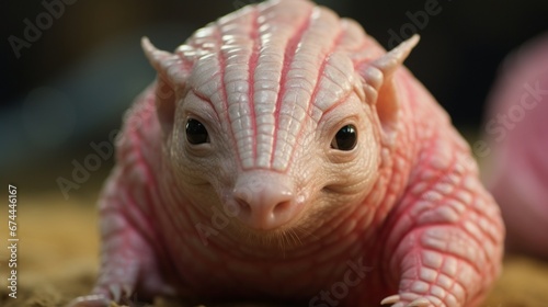 A close-up of a Pink Fairy Armadillo's face in full ultra HD 4K, highlighting its delicate features, including its snout and tiny eyes. © Habib
