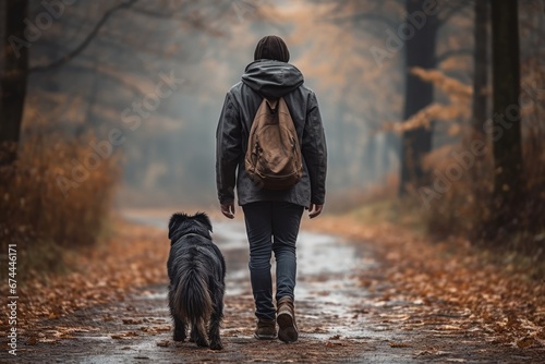 Photo from behind of a dog and its owner taking a leisurely walk. Generative AI © Aditya