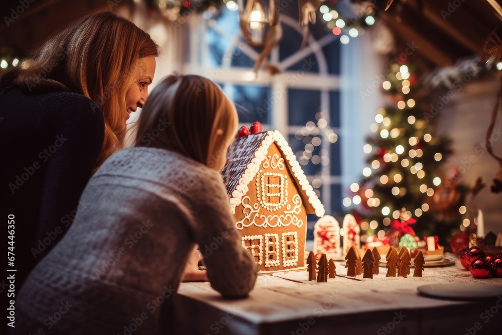 Photo from behind of a family decorating a gingerbread house. Generative AI
