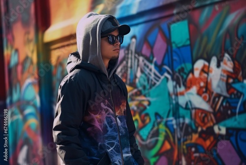 Young adult hood jacket graffiti. Street male model urban funky. Generate Ai