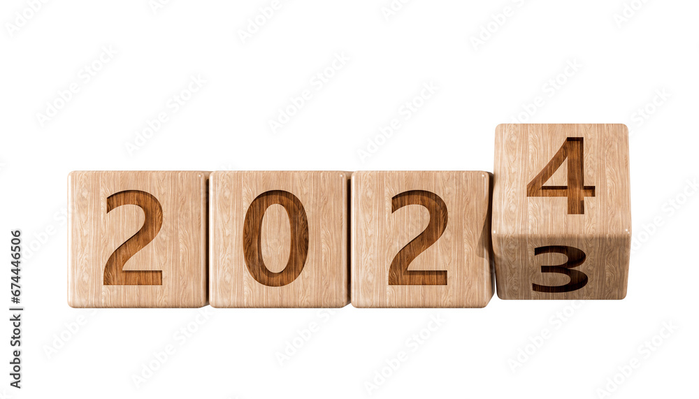 Wooden cube box square 2023 2024 time change calendar. Happy new year